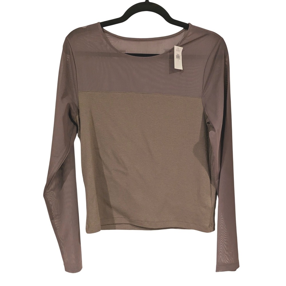 Gap Mesh Yoke Long Sleeve Top L Mauve Brown Mixed Media Sheer Grunge Edgy